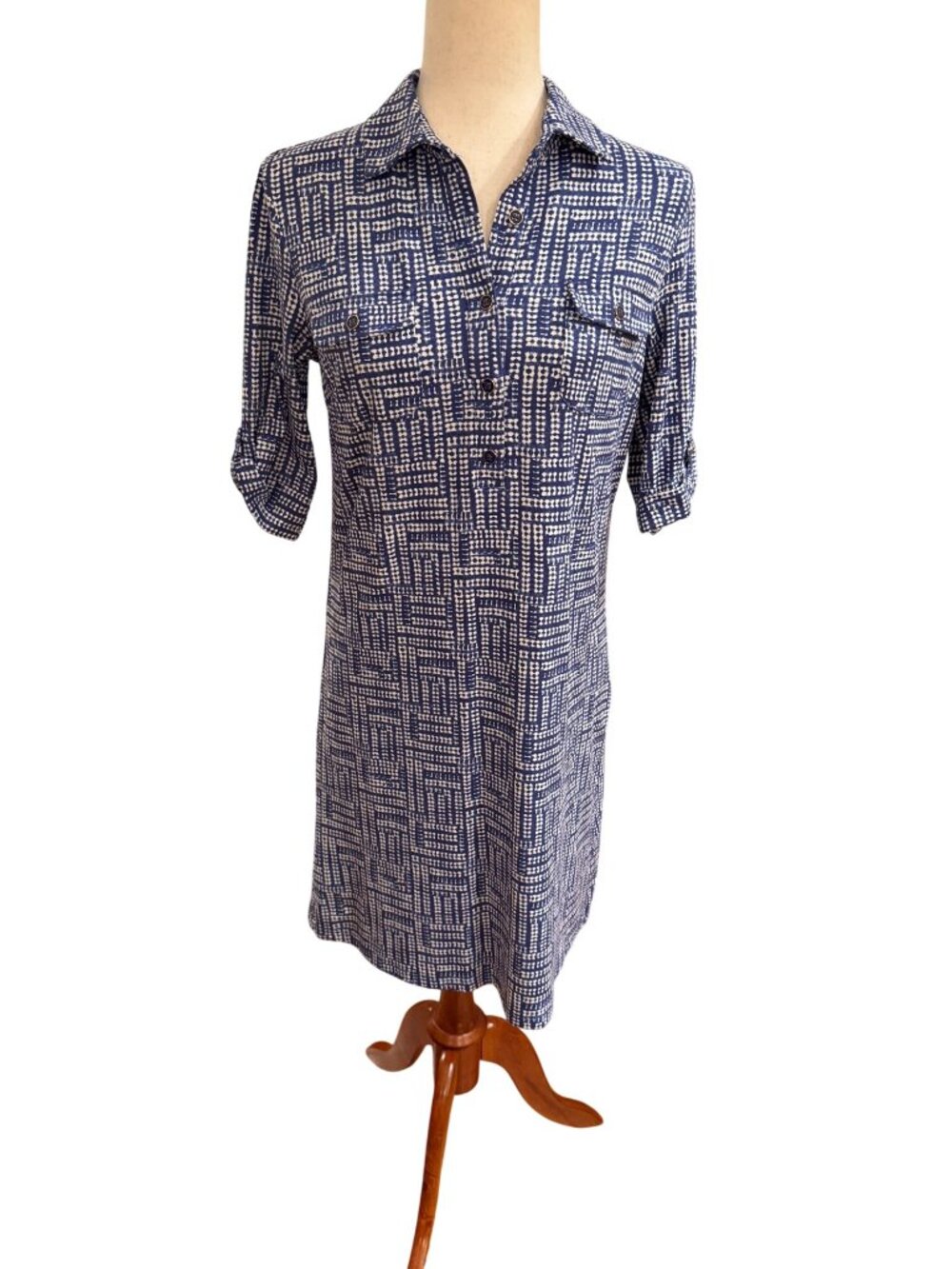 J McLaughlin Shirt Dress XS Blue White Geometric Print Stretch Nylon Spandex